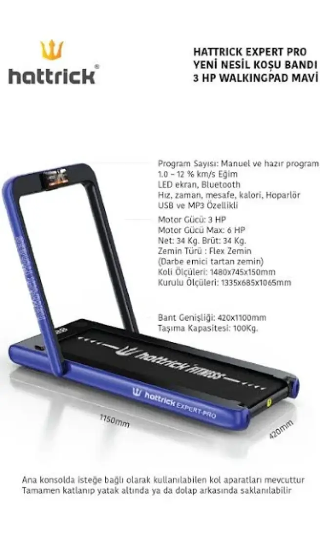 Hattrick Expert Pro Yeni Nesil Koşu Bandı Mavi 3 HP Walkingpad
