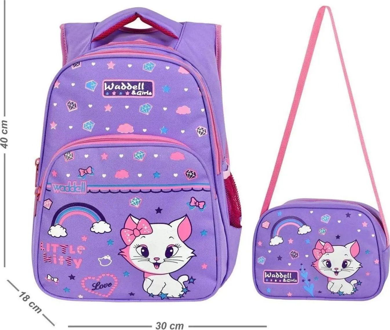 Waddell Lila Kedi Desenli İlkokul Çantası Beslenme Çantalı 6005