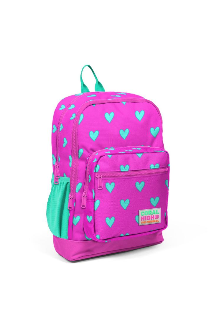 Kids Neon Pembe Su Yeşili Kalp Desenli Dört Bölmeli Okul Sırt Çantası 23113