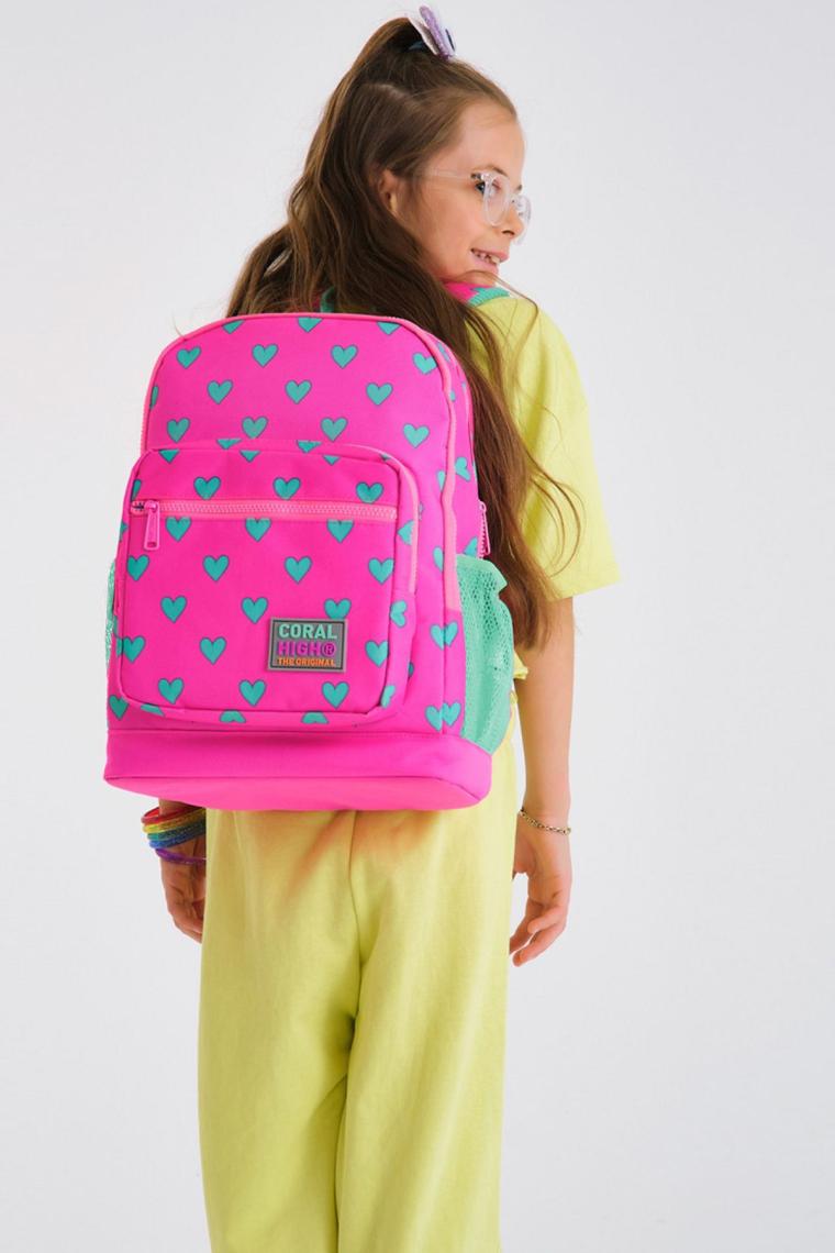 Kids Neon Pembe Su Yeşili Kalp Desenli Dört Bölmeli Okul Sırt Çantası 23113