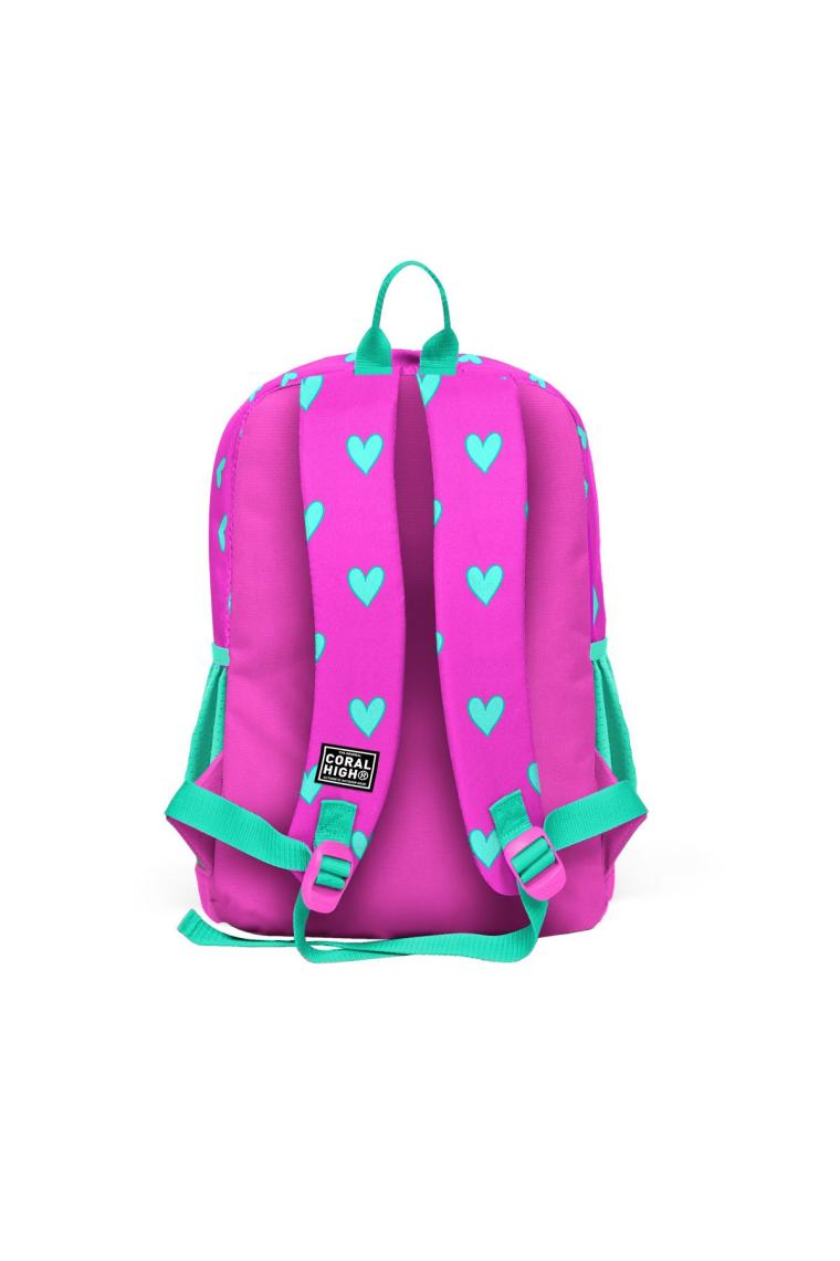 Kids Neon Pembe Su Yeşili Kalp Desenli Dört Bölmeli Okul Sırt Çantası 23113
