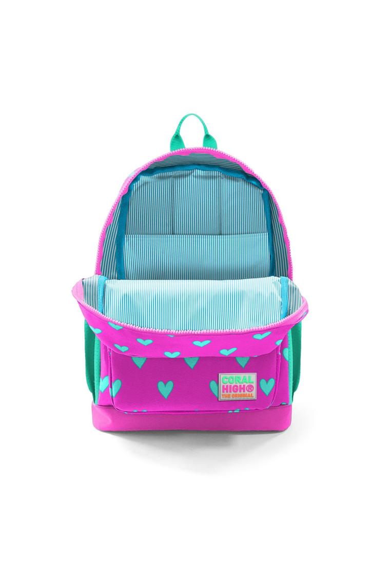 Kids Neon Pembe Su Yeşili Kalp Desenli Dört Bölmeli Okul Sırt Çantası 23113