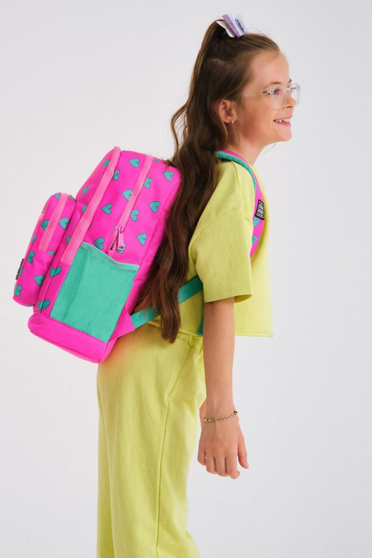 Kids Neon Pembe Su Yeşili Kalp Desenli Dört Bölmeli Okul Sırt Çantası 23113