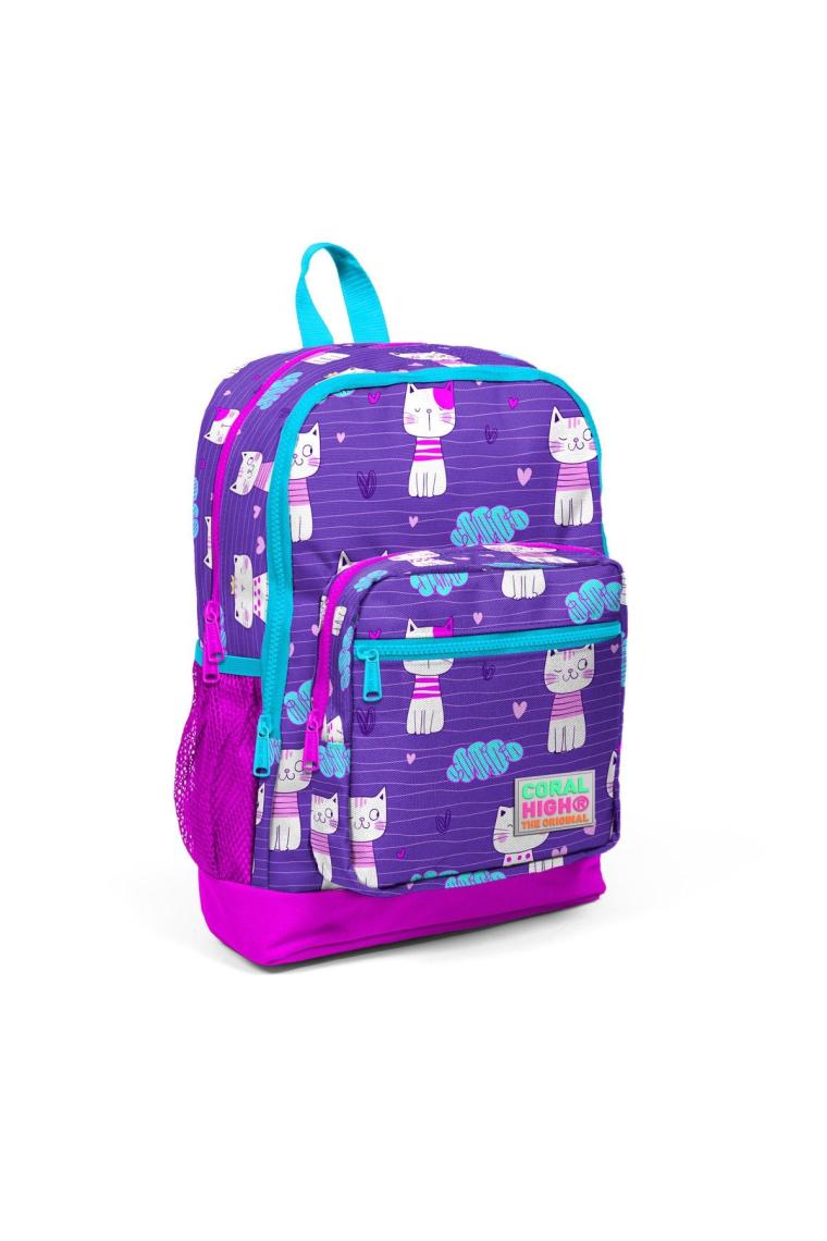 Coral High Kids Mor Kedi Desenli Dört Bölmeli Okul Sırt Çantası 23464