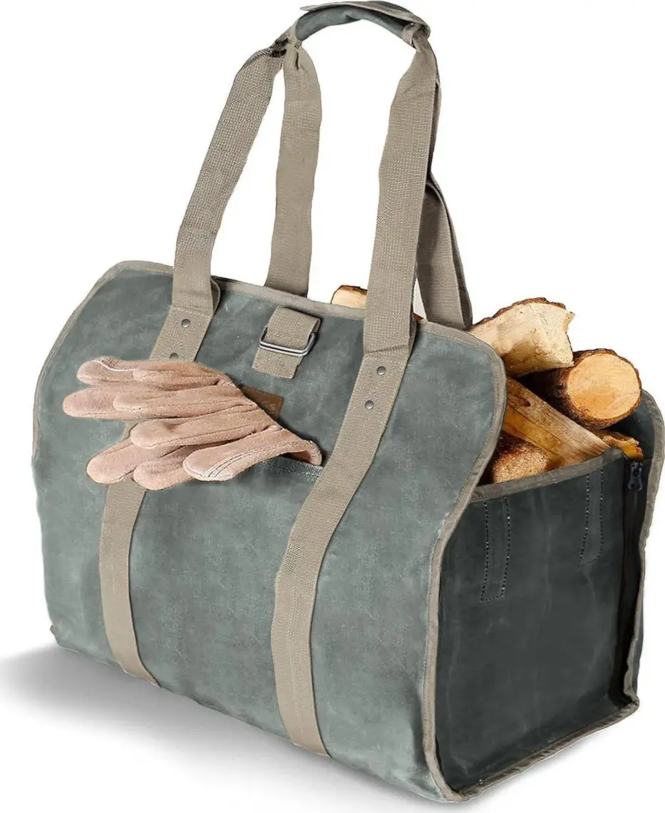 Haegs Fermuarlı Ağır Hizmet Çanta, 2in1 Waxed Kanvas, Şömine Odun Çantası,  Şömine Odunluk, Ağır Hizmet Tipi Taşıma Çantası Timsah Yeşili
