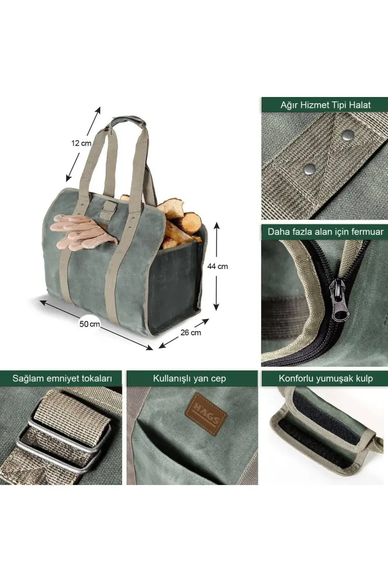 Haegs Fermuarlı Ağır Hizmet Çanta, 2in1 Waxed Kanvas, Şömine Odun Çantası,  Şömine Odunluk, Ağır Hizmet Tipi Taşıma Çantası Timsah Yeşili