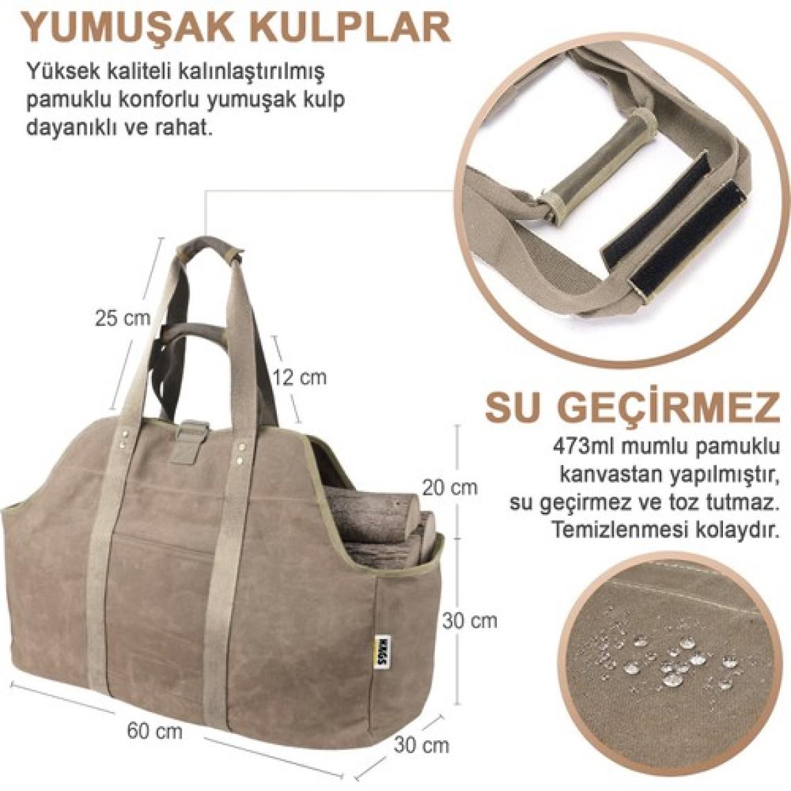 Haegs Ağır Hizmet Çantası, Waxed Kanvas, Şömine Odun Çantası, Şömine Odunluk,Çanta Şömine Aksesuarları Büyük Boy - Haki