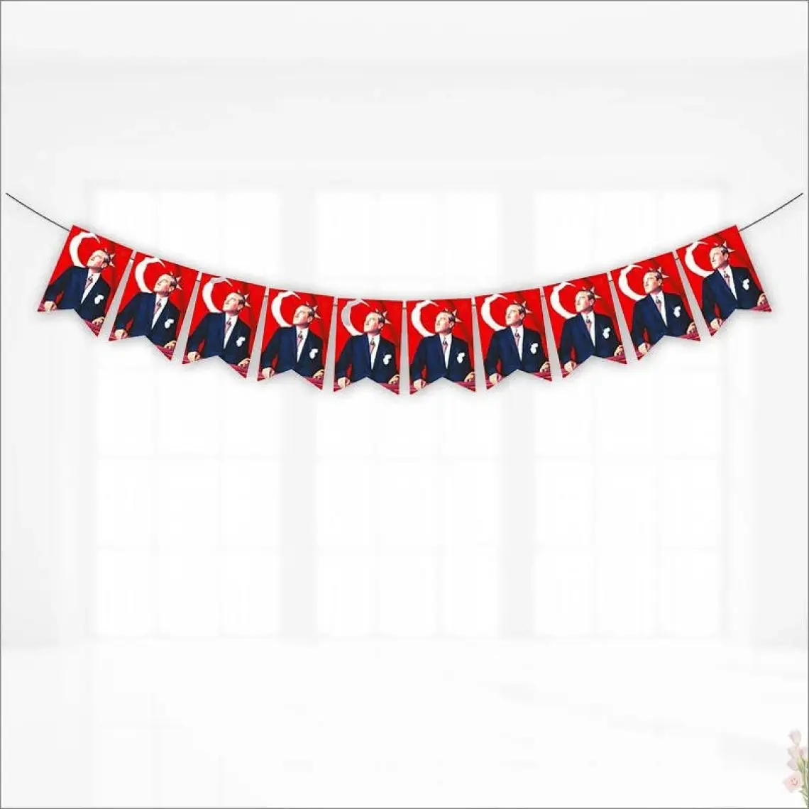 Süsle Bebek ve Parti Bayraklı Atatürk Flama Seti, 1,50mt Kurdele Dizili 11cm x 17cm - 10'lu