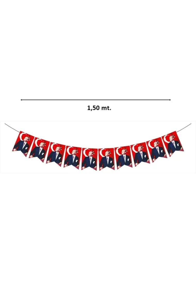 Süsle Bebek ve Parti Bayraklı Atatürk Flama Seti, 1,50mt Kurdele Dizili 11cm x 17cm - 10'lu