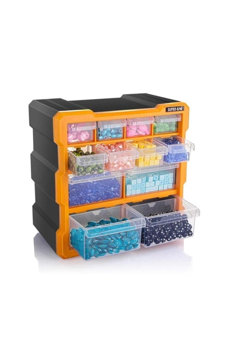 Super Bag Monoblok Çekmeceli Organizer Vida Boncuk Kutusu Hobi Organizer 12 Çekmece