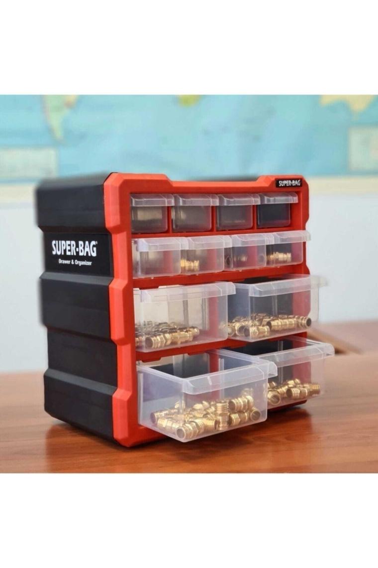 Super Bag Monoblok Çekmeceli Organizer Vida Boncuk Kutusu Hobi Organizer 12 Çekmece