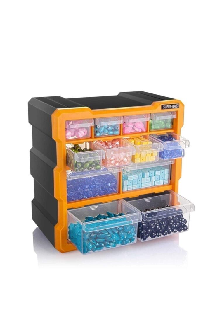 Super Bag Monoblok Çekmeceli Organizer Vida Boncuk Kutusu Hobi Organizer 12 Çekmece