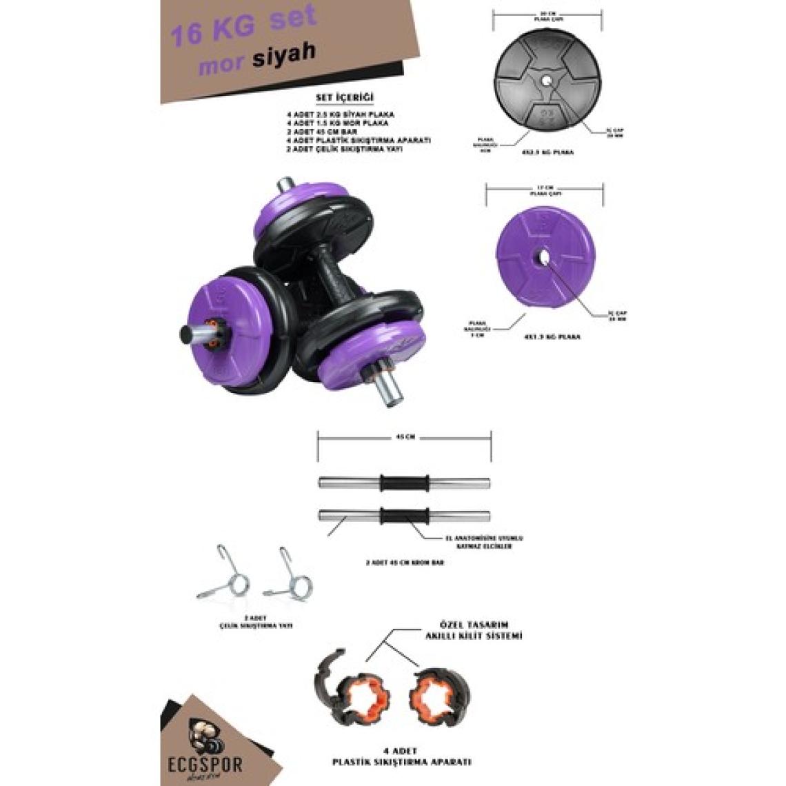 Ecgspor 16 kg Dambıl Seti Mor-Siyah 6 In 1 Fitness Set