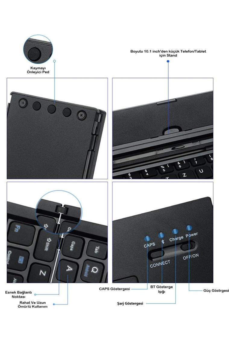 Duhalıne Tablet / Telefon Uyumlu Kablosuz Mini Klavye, Standlı Katlanabilir Şarj Edilebilir Bluetooth Klavye