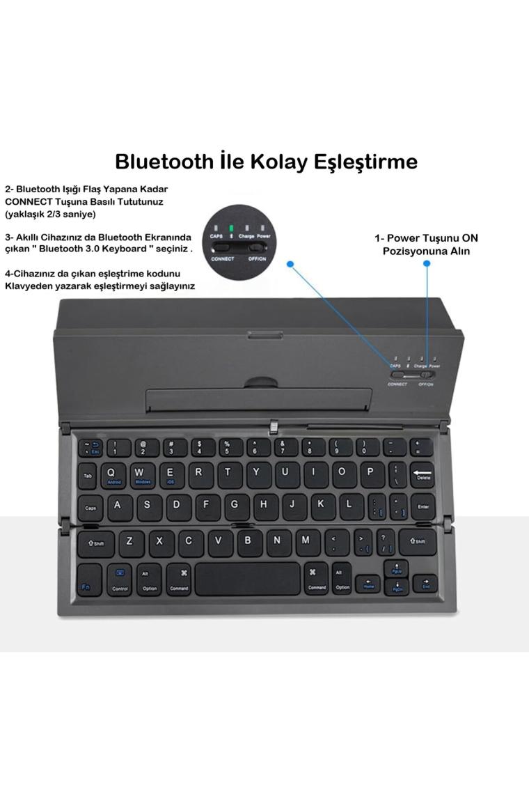 Duhalıne Tablet / Telefon Uyumlu Kablosuz Mini Klavye, Standlı Katlanabilir Şarj Edilebilir Bluetooth Klavye