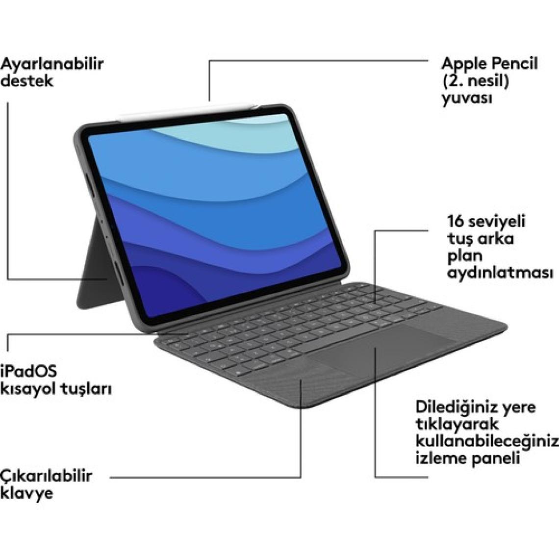 Logitech Combo Touch iPad Pro 11 inç 2, 3 ve 4. Nesil ile Uyumlu Çok Yönlü Klavyeli Kılıf - Gri