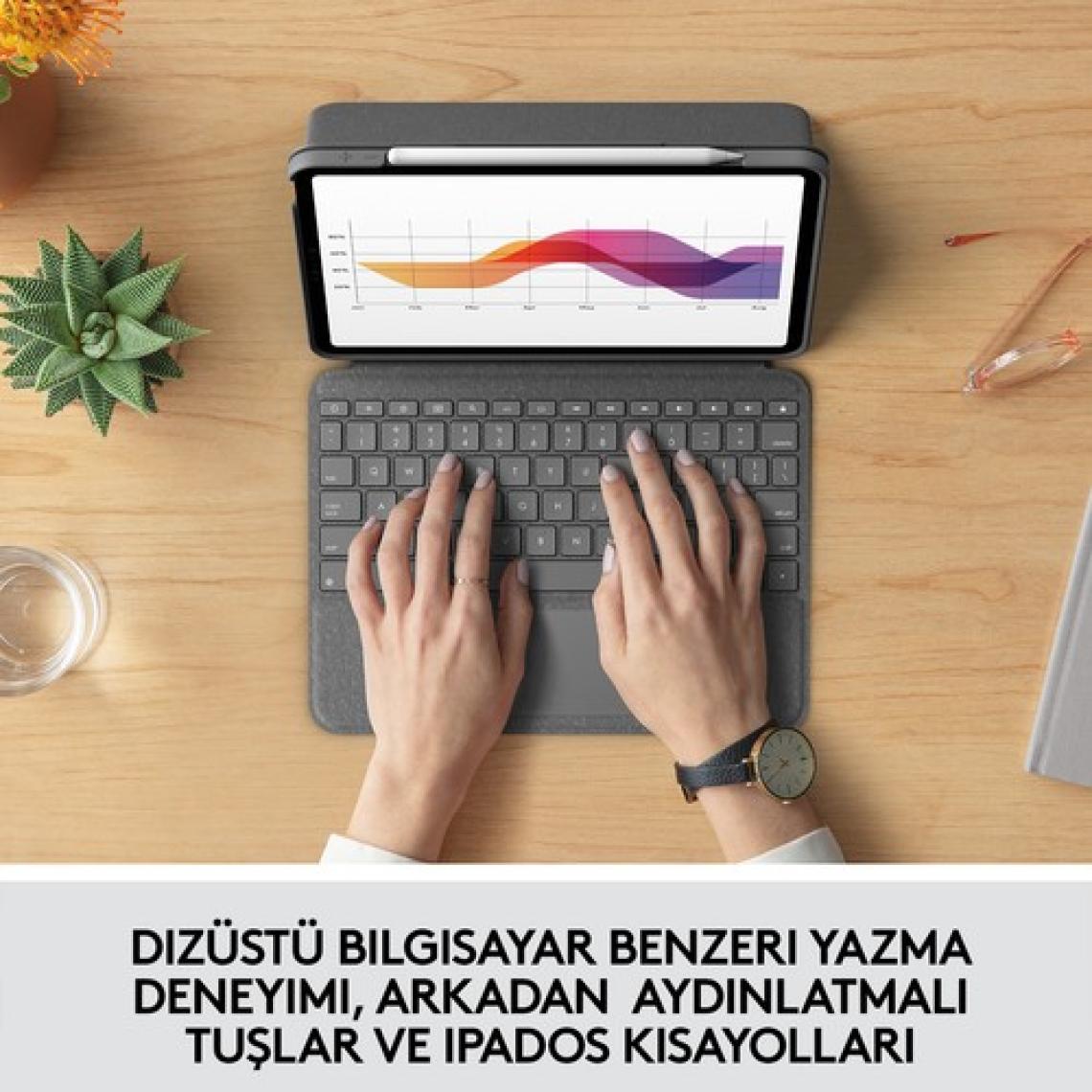 Logitech Slim Folio Touch 10.9" iPad Air 4. ve 5. Nesil ile Uyumlu Türkçe Klavyeli Kılıf - Koyu Gri