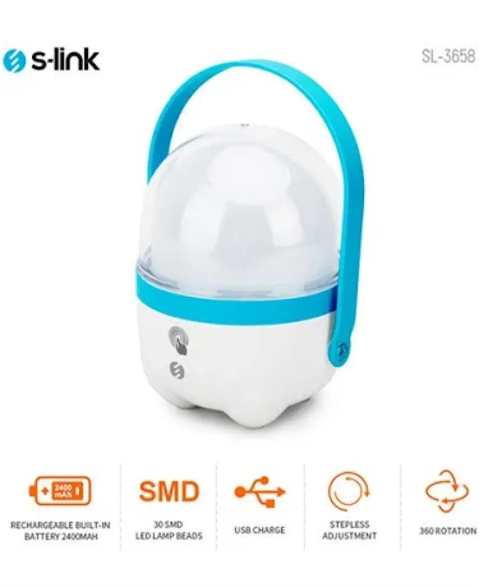 S-Link SL-3658 Mavi Dokunmatik Açma Kapama Ledli 2400 Ah 5V-1A 1+30 Ledli Işıldak