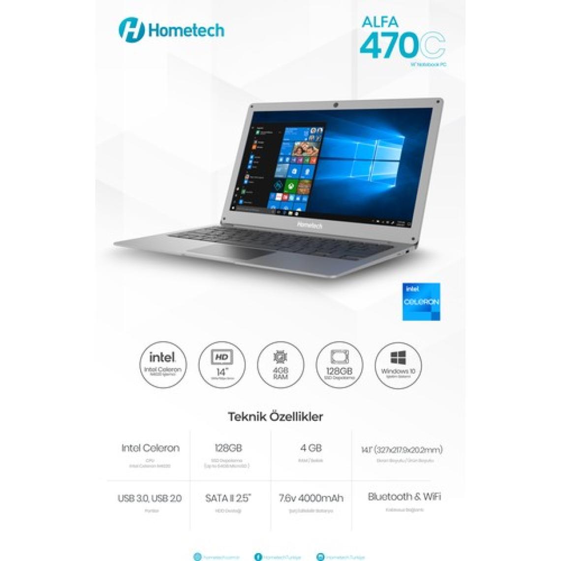 Hometech Alfa 470C Intel Celeron N4020 4GB 128GB SSD Windows 10 Home 14.1" HD Taşınabilir Bilgisayar