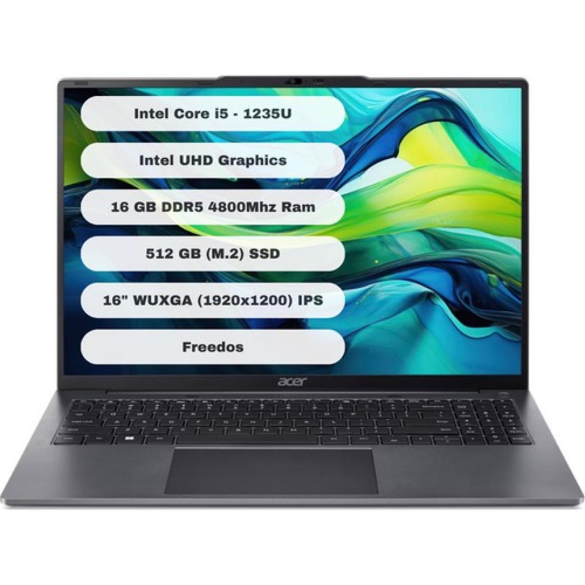 Acer Aspire Lite AL16-51P-580H GTI16 Intel Core I5 1235U 16GB 512GB SSD Freedos 16" Taşınabilir Bilgisayar NX.KWZEY.001