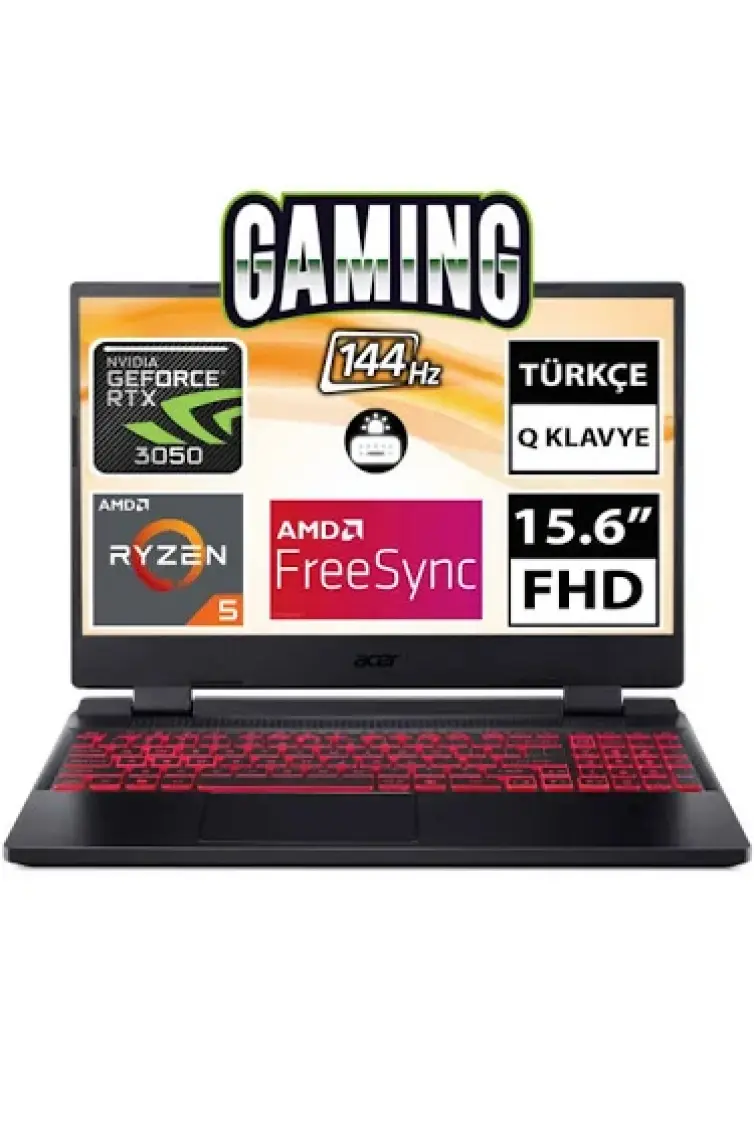 Acer Nitro 5 AN515-46 AMD Ryzen 5 6600H 8GB 512GB SSD RTX3050 Freedos 15.6" FHD 144 Hz Taşınabilir Bilgisayar NH.QGXEY.001