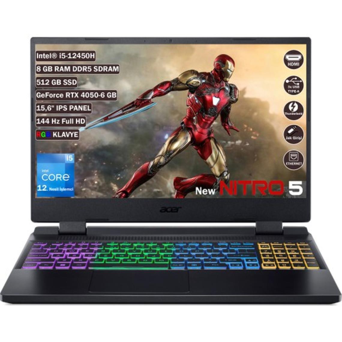 Acer Nitro 5 AN515-58 Intel Core I5 12450H 8 GB 512 GB SSD Rtx 4050 - 6 GB Freedos 15.6" Fhd  144 Hz IPS Panel Taşınabilir Bilgisayar NH.QLZEY.007