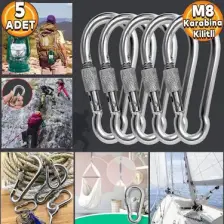 Badem10 Karabina Kilitli 8 mm Yaylı Kanca Paslanmaz Çelik Kilit Tırmanma Olta Kamp Ekipmanları Hamak Anahtar Askı Kilidi 5 Adet