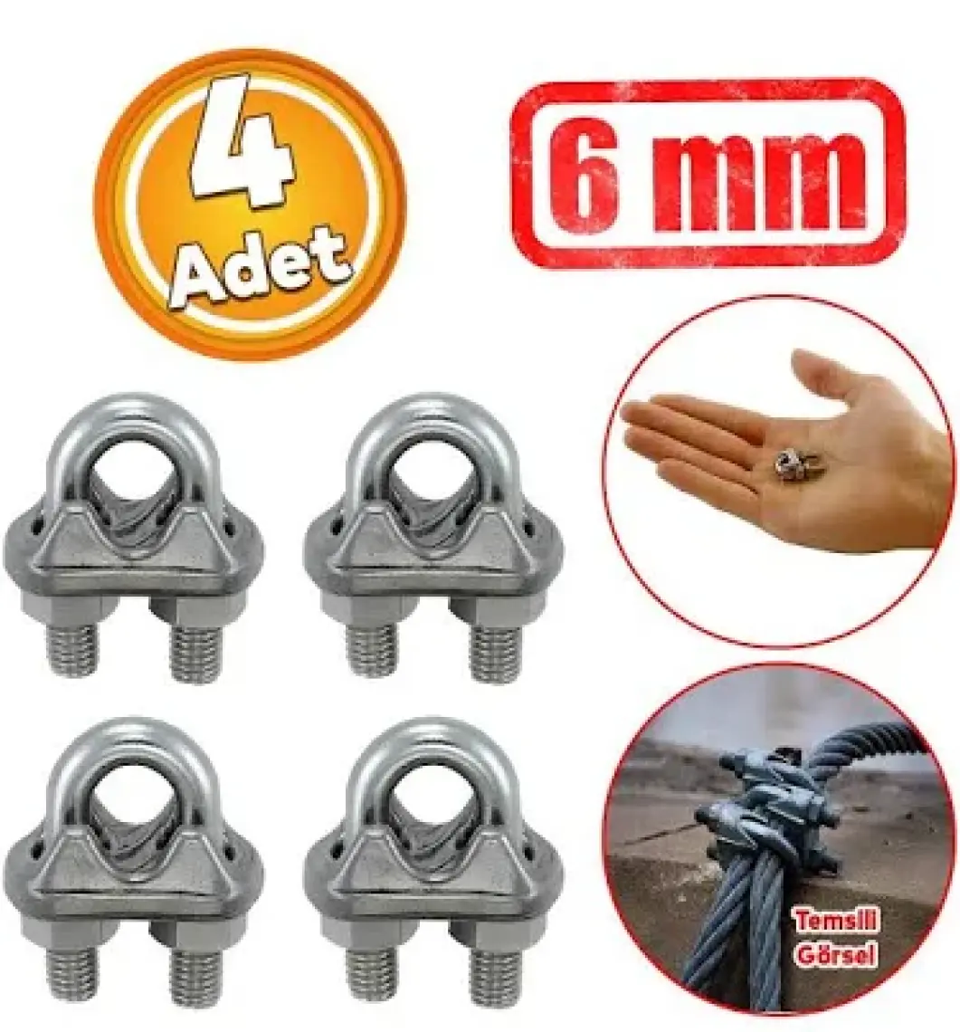 Badem10 Çelik Halat Sıkma Sabitleme Klemensi 6 mm Çamaşır Ipi Sıkma Bağlama Somunlu A Tipi Kelemens 4 Adet