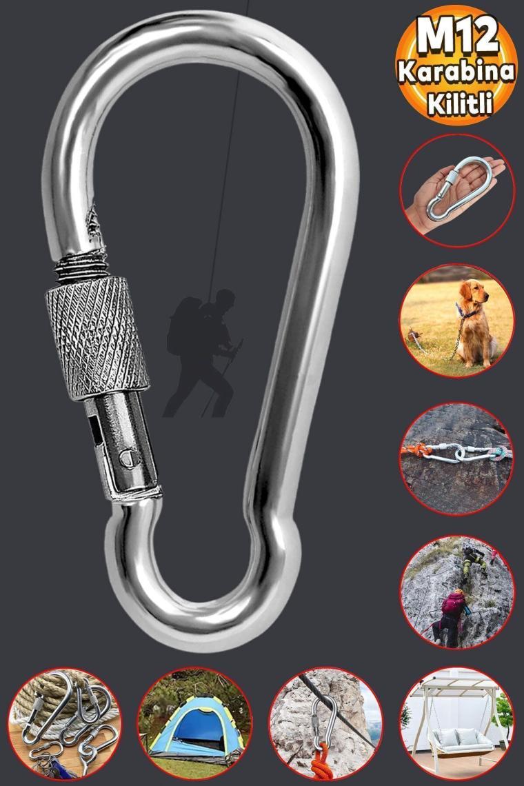 Badem10 Karabina Kilitli 12 mm Yaylı Kanca Paslanmaz Çelik Kilit Tırmanma Dağcılık Kamp Ekipmanları Salıncak Hamak Anahtar Askı Kilidi