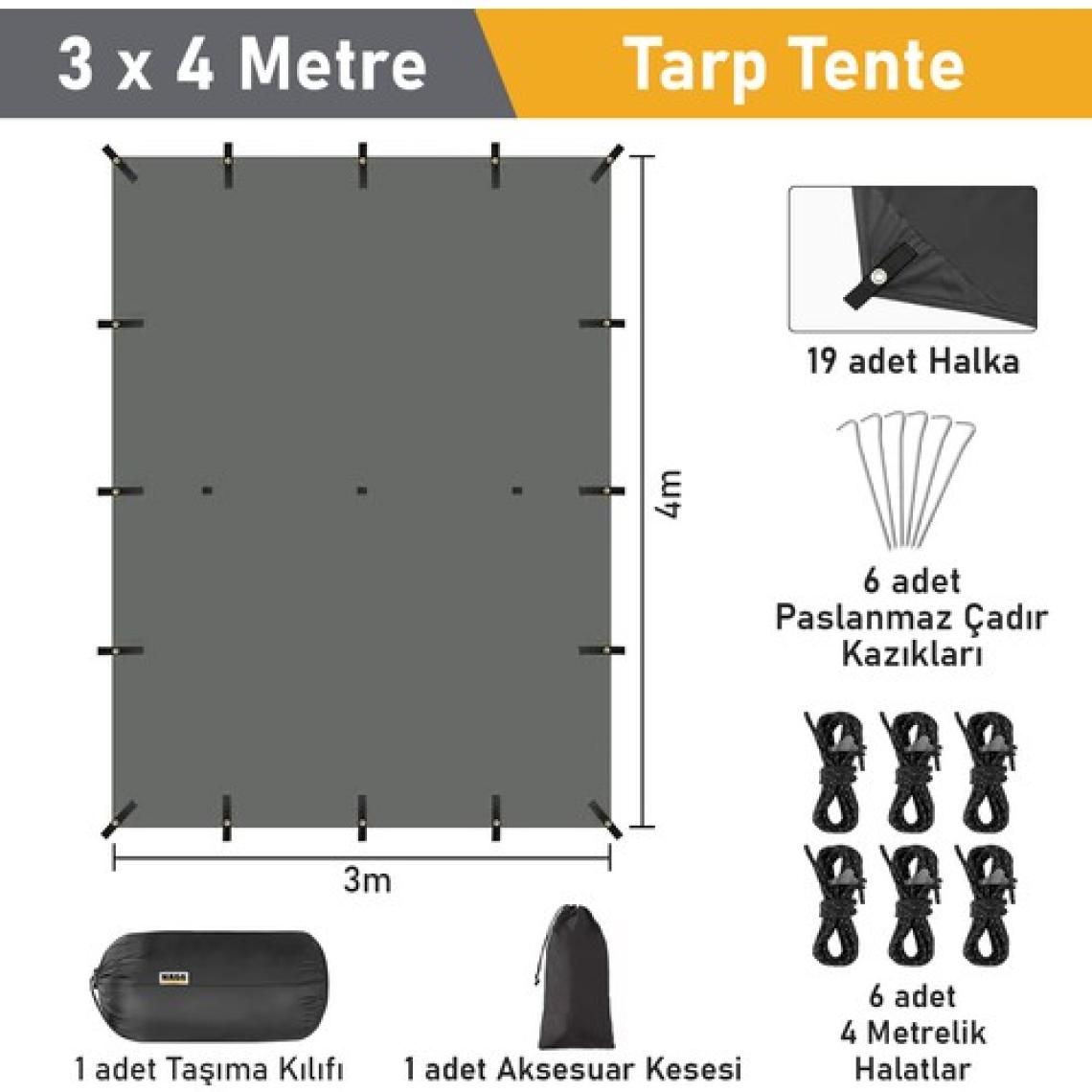 Haegs  Tarp Tente Gölgelik Örtü Outdoor Kamp Branda Çadır Yağmurluk 300x400 Cm - Siyah