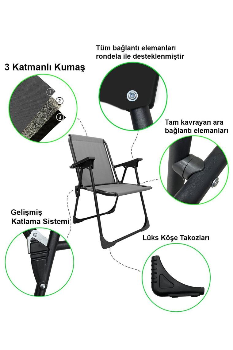 Natura 2 Adet Kamp Sandalyesi Katlanır Piknik Sandalye Dikdörtgen Bardaklıklı Gri