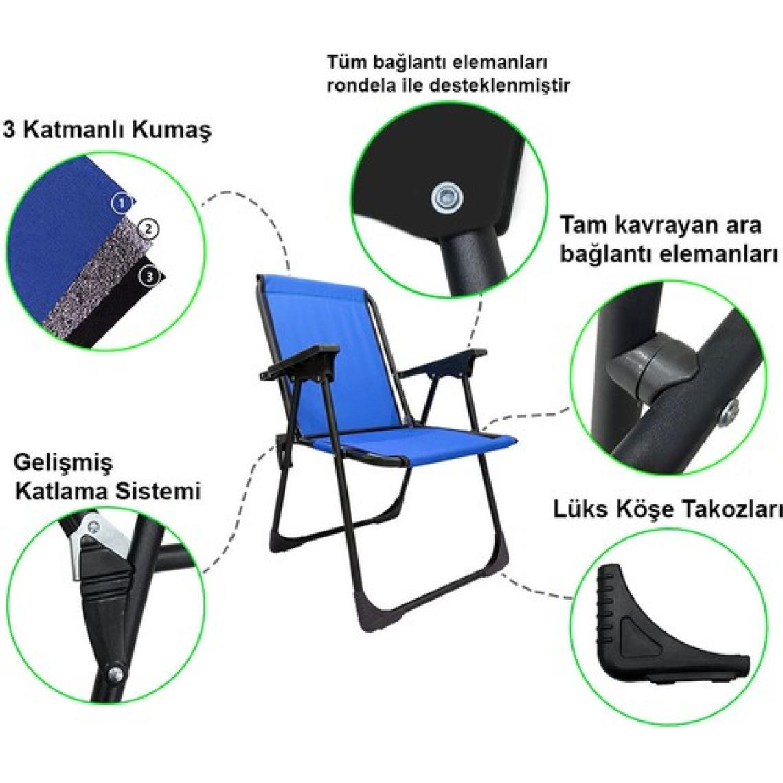 Moniev 4 Adet Kamp Sandalyesi Katlanır Piknik Sandalye Oval Bardaklıklı Mavi + MDF Masa
