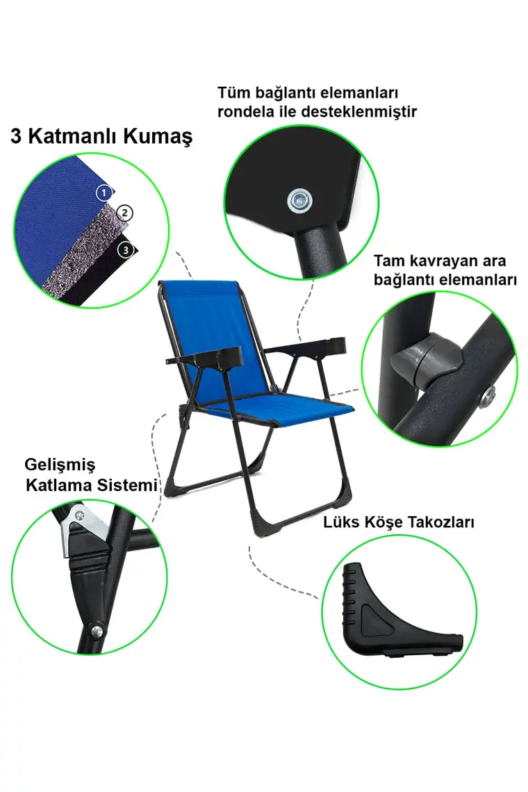 Moniev 4 Adet Kamp Sandalyesi Bardaklıklı Lüks Piknik Sandalye Mavi + Katlanır Mdf Masa