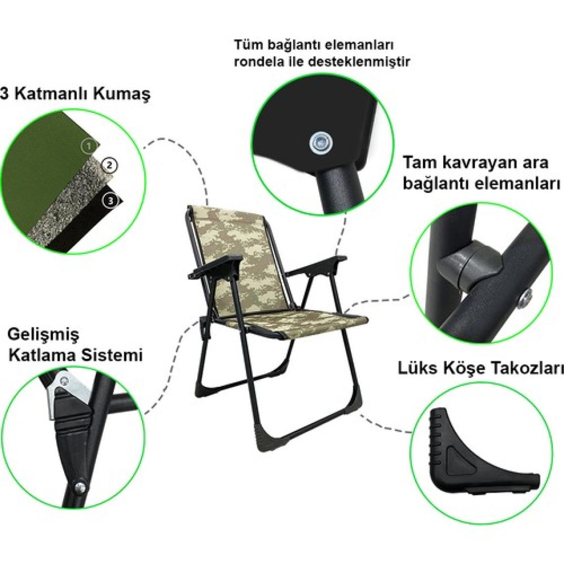 Moniev 4 Adet Kamp Sandalyesi Katlanır Piknik Sandalye Oval Bardaklıklı Kamuflaj + MDF Masa