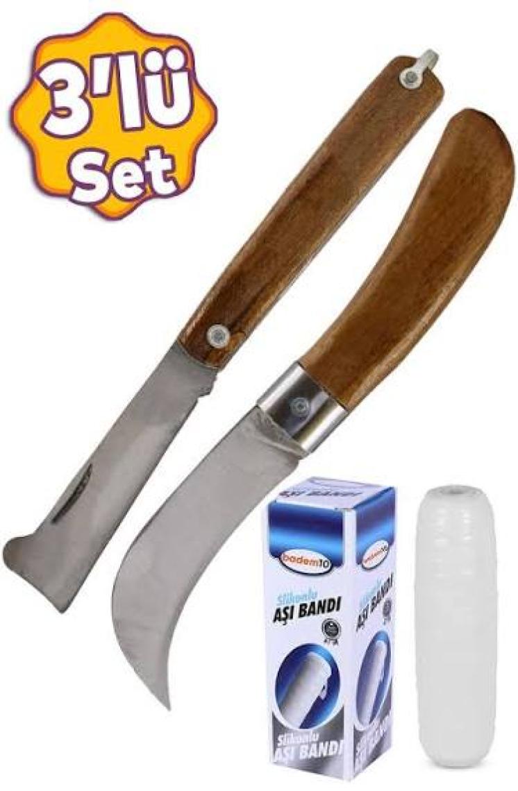 Badem10 Fidan Aşı Bıçağı Eğri Uçlu Bağ Bıçağı Çakısı + Düz Uçlu Açı Bıçak + Aşı Bandı (3'lü Set)