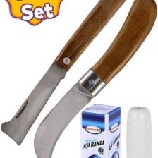 Badem10 Fidan Aşı Bıçağı Eğri Uçlu Bağ Bıçağı Çakısı + Düz Uçlu Açı Bıçak + Aşı Bandı (3'lü Set)