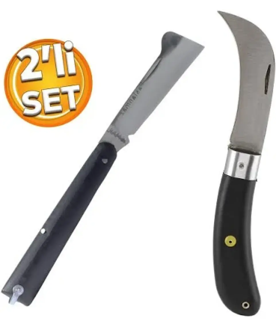 Badem10 Eğri Uçlu Aşı Bıçağı Bağ Bıçağı Çakısı + Düz Uçlu Ağaç Bağ Budama Açı Bıçak + (2'li Set)