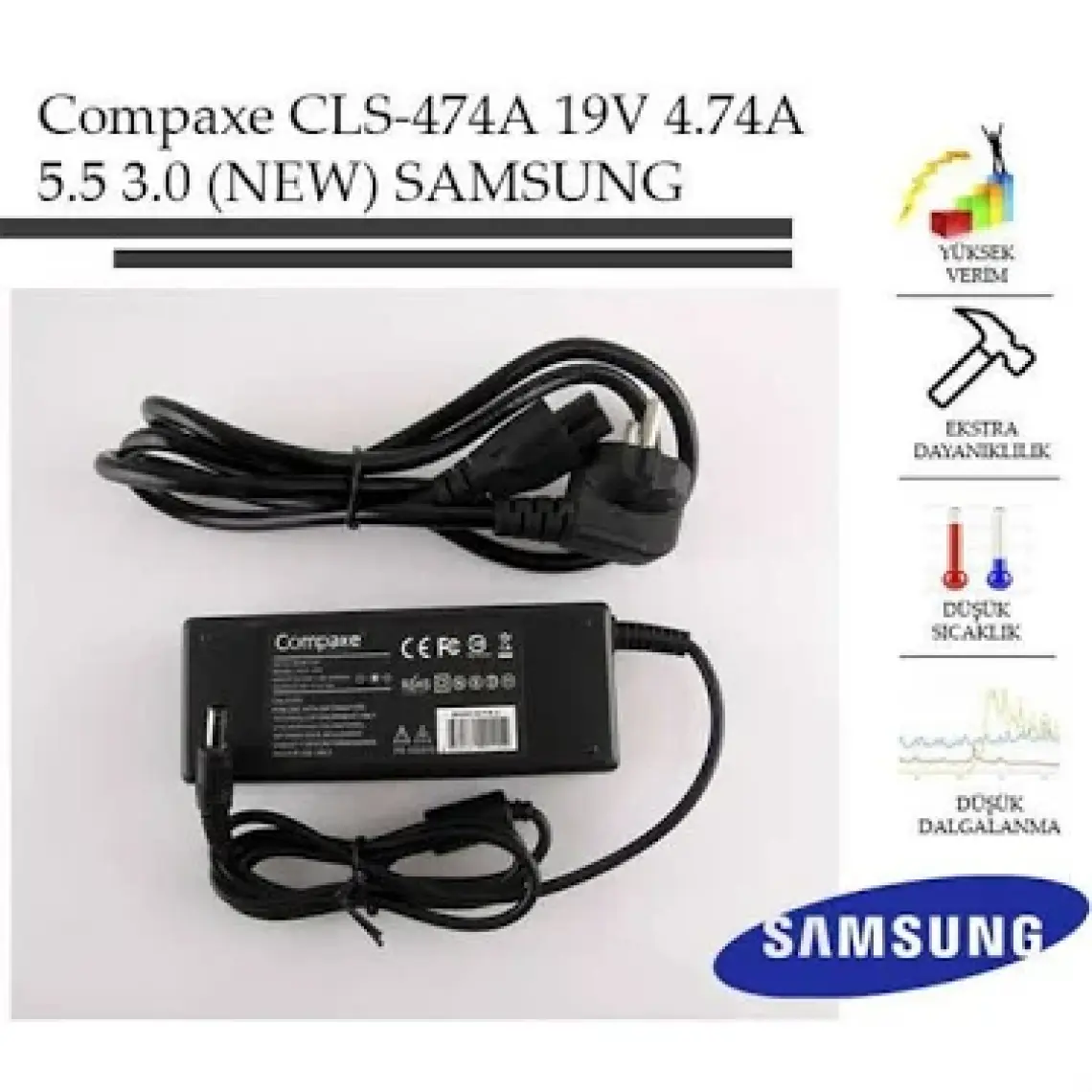 Compaxe CLS-474A 19V 4.74AMPER 3/5.5mm Muadil Notebook Adaptörü (Samsung Uyumlu)