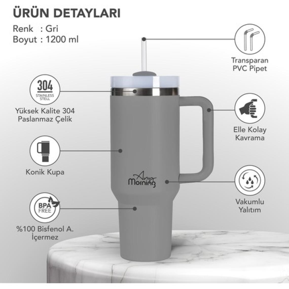 Any Morning Vaha 1200 ml Termos Mug – 3 Aşamalı Çevirmeli Kapak, Gri