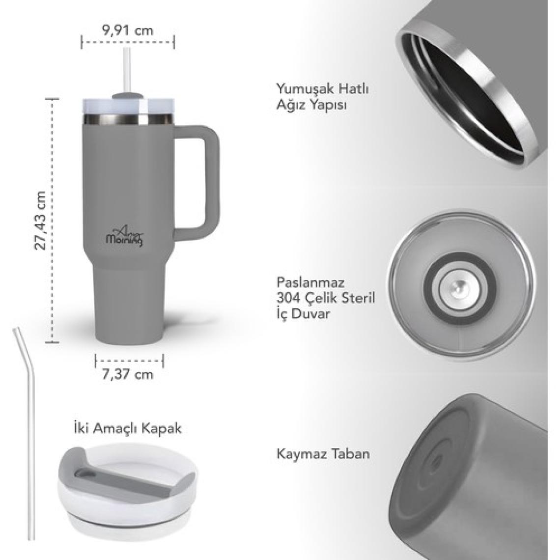 Any Morning Vaha 1200 ml Termos Mug – 3 Aşamalı Çevirmeli Kapak, Gri