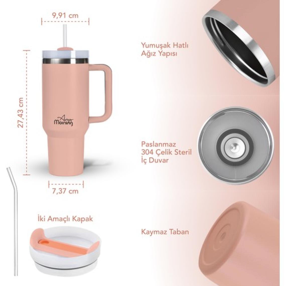 Any Morning Vaha 1200 ml Termos Mug – 3 Aşamalı Çevirmeli Kapak, Somon