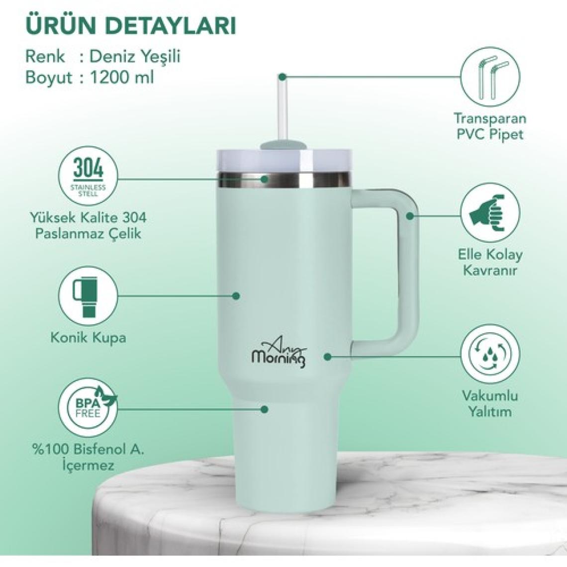 Any Morning Vaha 1200 ml Termos Mug – 3 Aşamalı Çevirmeli Kapak, Gri