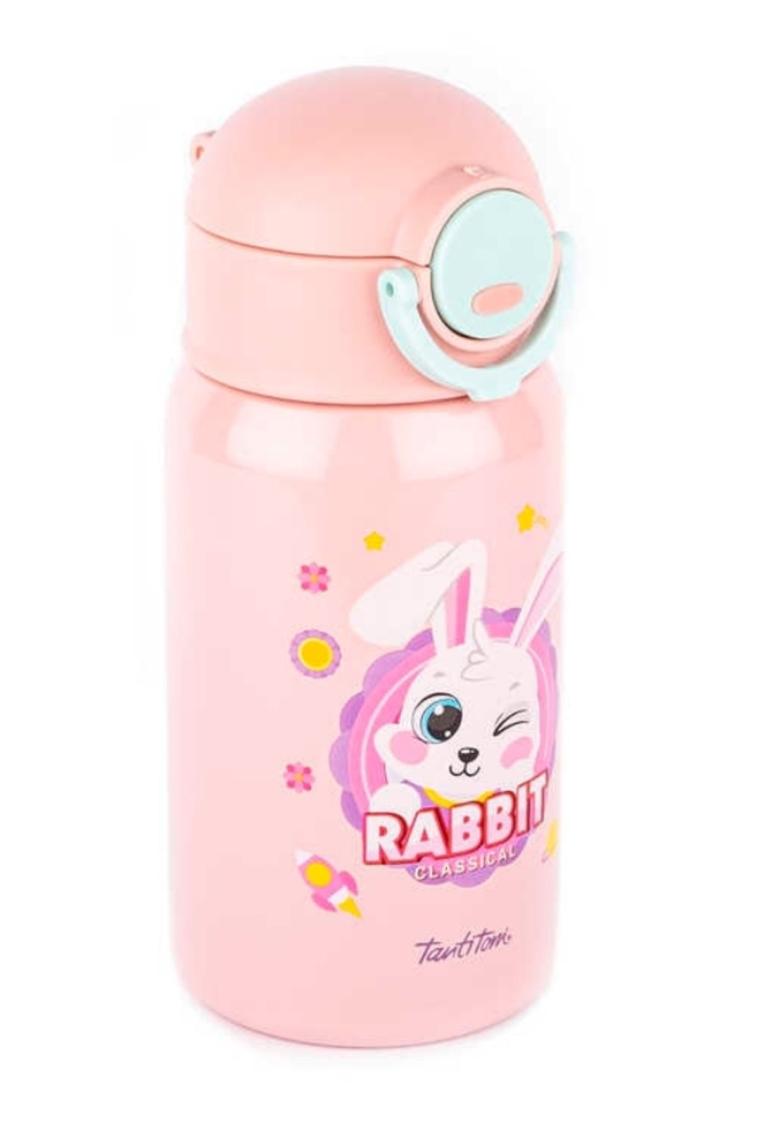 Pembe Tavşan Desenli Pipetli Paslanmaz Çelik Çocuk Termosu 400ML