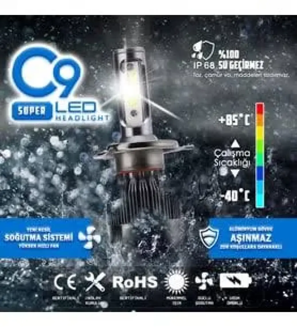C9 Ultra Buz Mavi LED Xenon Soğutuculu Far Ampulü 9400 Lümen 10000K 9006