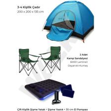 Walke Yeşil Lüks Kamp Seti 4 Kişilik Çadır + Çift Kişilik Yatak + 2 Sandalye + Pompa + Yastık