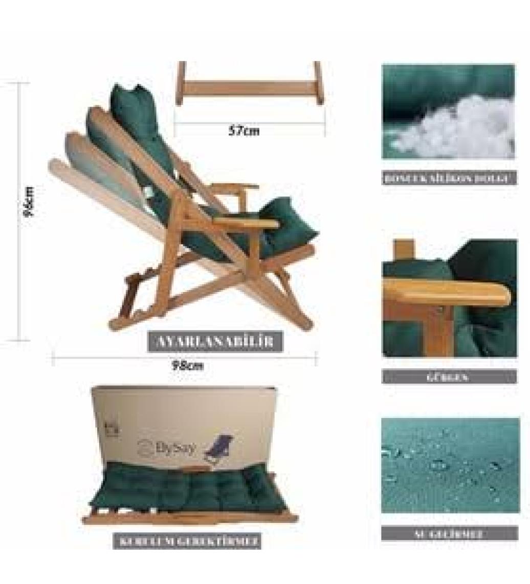 Bysay Ahşap Katlanabilir Taşınır Puf Minderli Kollu  Şezlong. Plaj, Bahçe, Teras, Balkon Için  (Haki)