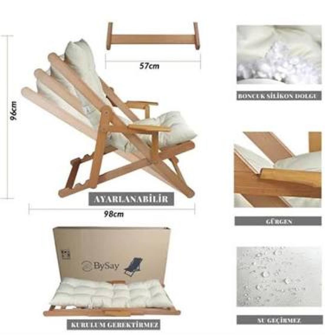 Bysay Ahşap Katlanabilir Taşınır Puf Minderli Kollu  Şezlong. Plaj, Bahçe, Teras, Balkon Için  (Haki)