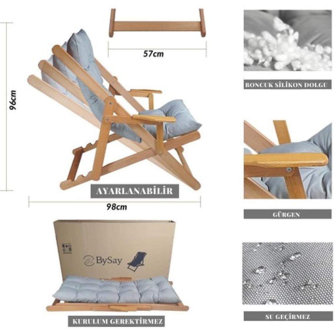 Bysay Ahşap Katlanabilir Taşınır Puf Minderli Kollu Şezlong. Plaj, Bahçe, Teras, Balkon Için 3 Lü Set (Gri)