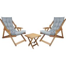 Bysay Ahşap Katlanabilir Taşınır Puf Minderli Kollu Şezlong. Plaj, Bahçe, Teras, Balkon Için 3 Lü Set (Gri)