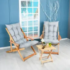 Bysay Ahşap Katlanabilir Taşınır Puf Minderli Kollu Şezlong. Plaj, Bahçe, Teras, Balkon Için 3 Lü Set (Gri)
